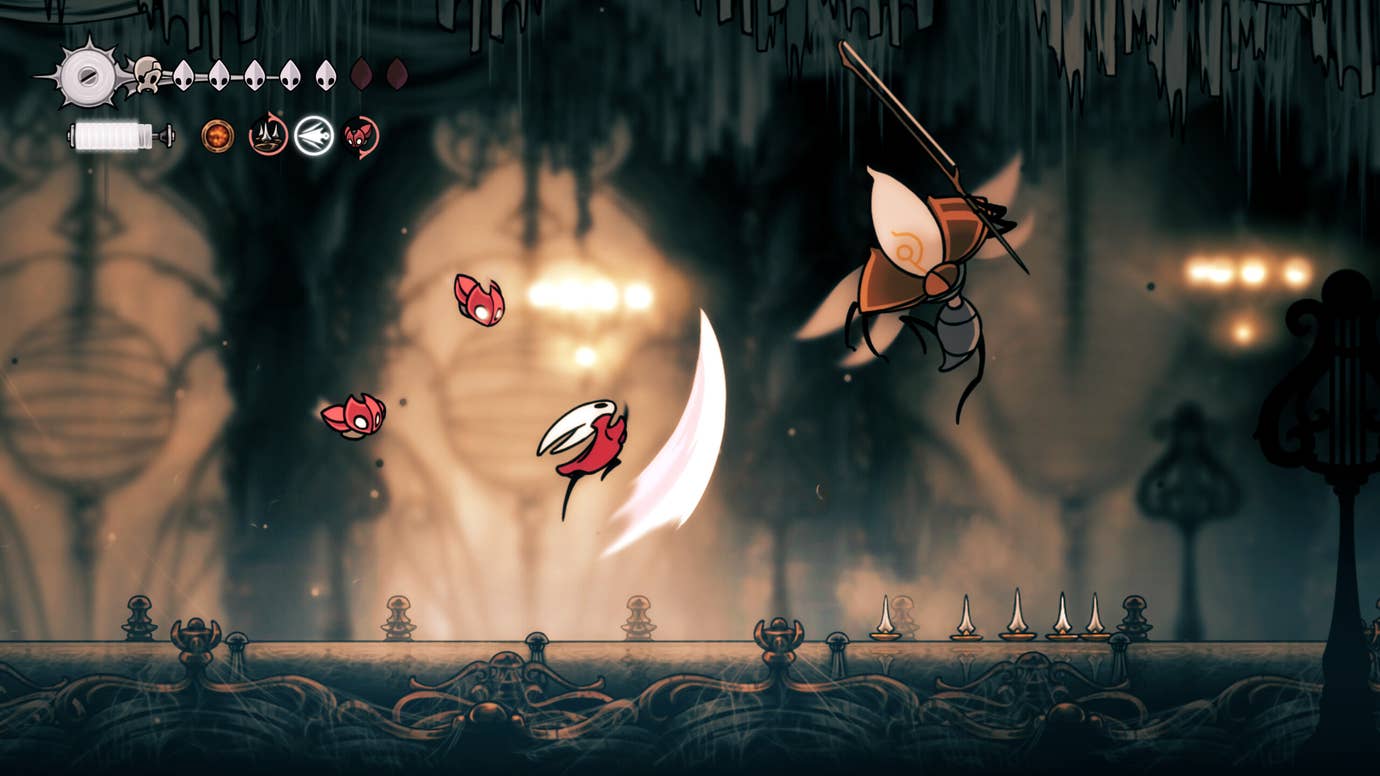 Hornet takes a jumping swing at an enemy in Hollow Knight: Silksong.